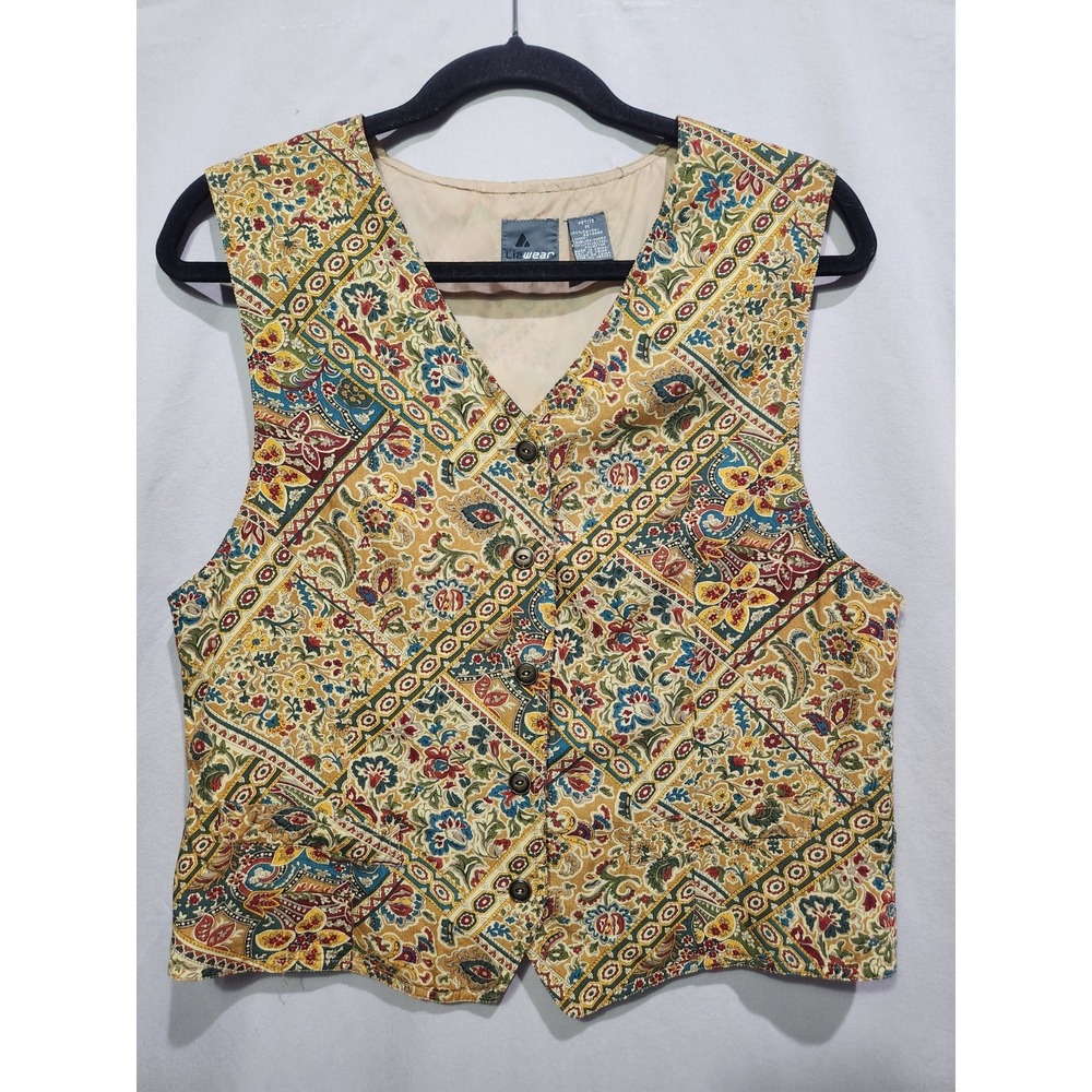Vintage 90s LizWear Rayon Cottagecore Floral Paisley Button Up Vest Boho